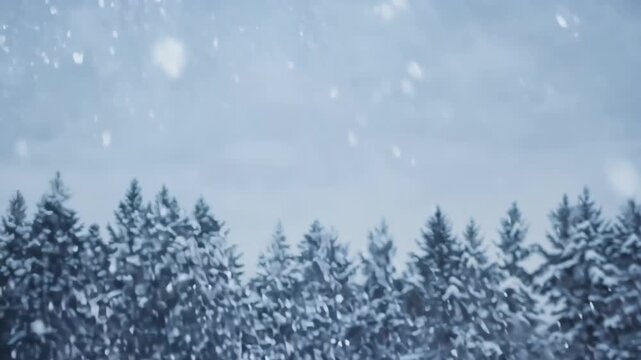 Slow Motion Falling Snow Over Snowy Forest