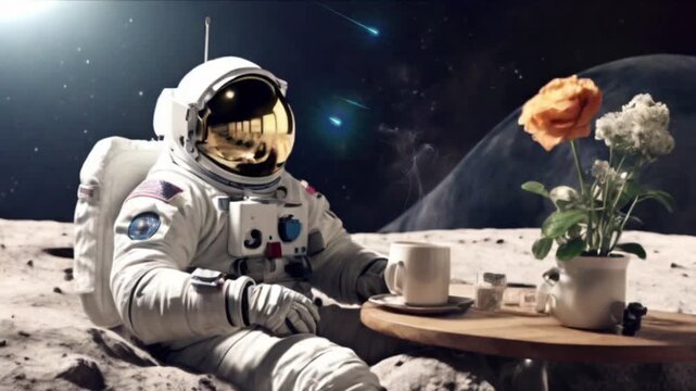 An astronaut is holding a cup of hot coffee on the moon casually. Background of the earth with a very far distance. Seamless 4K looping timelapse video animation generated AI