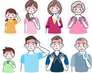 イラスト素材: 熱中症で苦しそうな老若男女