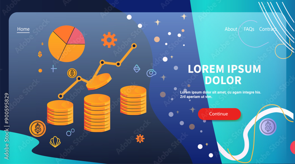 Poster financial data analysis with pie chart coins and growth graph on abstract background