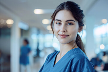 Obraz premium Young Medical Professional in Blue Scrubs Engaged in Digital Communication with Colleagues in Office