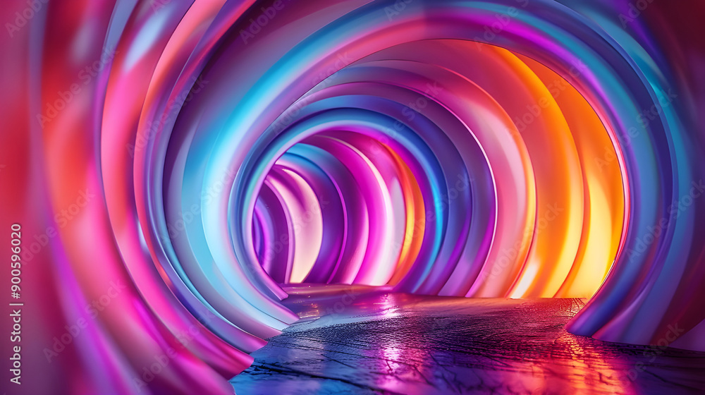 Aufkleber a vibrant tunnel featuring curved walls illuminated with neon lights in various colors, creating a m