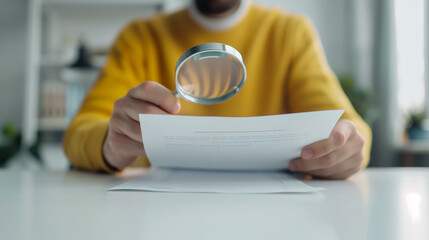 man looking through magnifying glass on documents in the office with white table