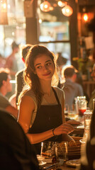 A woman is smiling at the camera while sitting at a table with other people