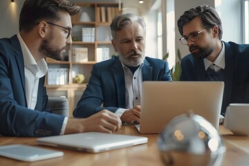 Strategic Collaboration in the Boardroom: A team of focused businessmen huddle around a laptop, their expressions reflecting deep thought and engagement as they navigate a complex business challenge. 