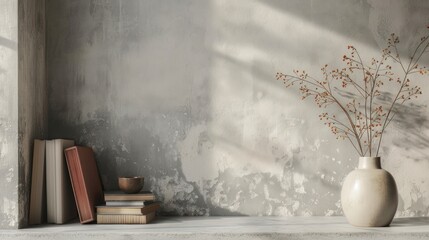 A shelf with a vase and books on it