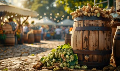 A wooden barrel with hops and barley stacked beside it at the Oktoberfest festival.