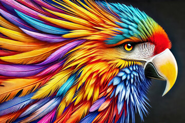 Fototapeta premium A vibrant digital artwork of a surreal bird's head, showcasing an array of colourful feathers in shades of red, yellow, blue, and purple, symbolizing diversity and beauty.