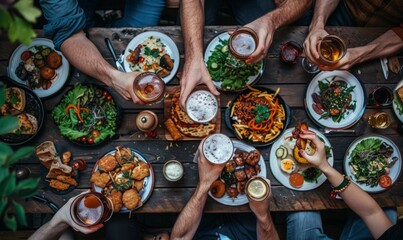 Group of friends enjoying a meal of hearty Bavarian dishes and refreshing beer at the Oktoberfest festival.
