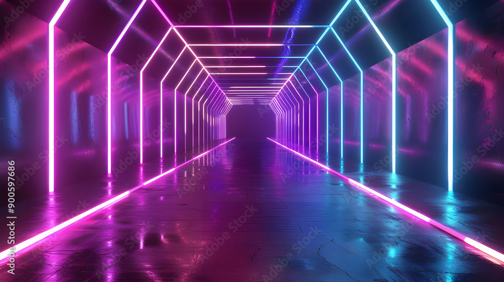 Poster a futuristic tunnel illuminated by neon lights in pink and blue hues, creating striking reflections 