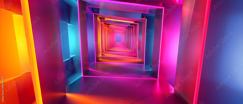 Poster A visually striking tunnel featuring vibrant neon lights and geometric shapes, creating a colorful and modern visual experience.