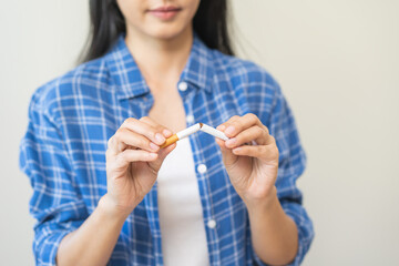 Quit, stop smoking, addiction asian young woman, girl refusing cigarette, smoker quitting smoke,...