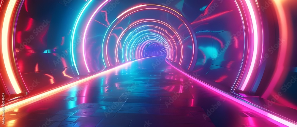Poster a futuristic tunnel illuminated with vibrant neon lights in blue and pink hues, creating a visually 