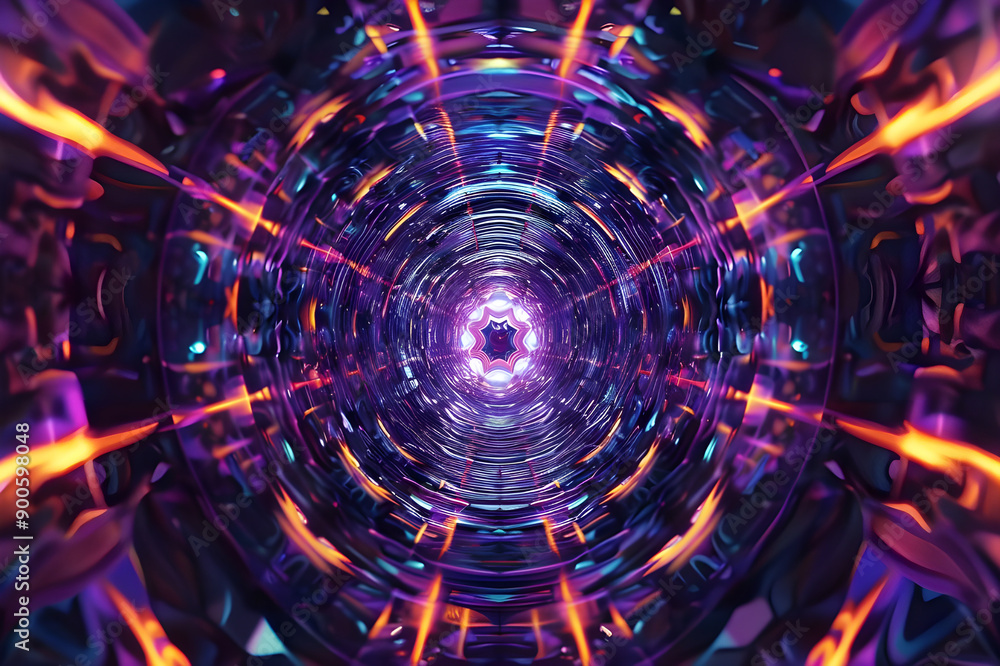 Poster a vibrant abstract tunnel featuring neon lights in purple and orange hues, creating a dynamic and fu
