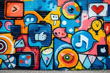 Social media marketing in digital marketing. Colorful graffiti-style wall featuring likes, hearts and social media symbols. White, blue, yellow, red and orange colors.