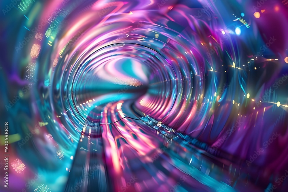 Aufkleber A vibrant, colorful abstract tunnel illuminated by neon lights, creating a mesmerizing visual effect with dynamic hues and reflections.