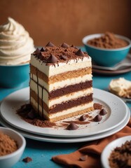 Traditional dessert tiramisu on a plate.