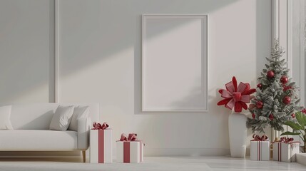 Cozy living room interior with a portrait a blank white poster frame and festive gift boxes with red ribbons near a plush white sofa, and a decorated christmas tree on white wall