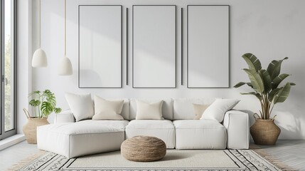 Mockup frame in farmhouse living room interior, 3d render