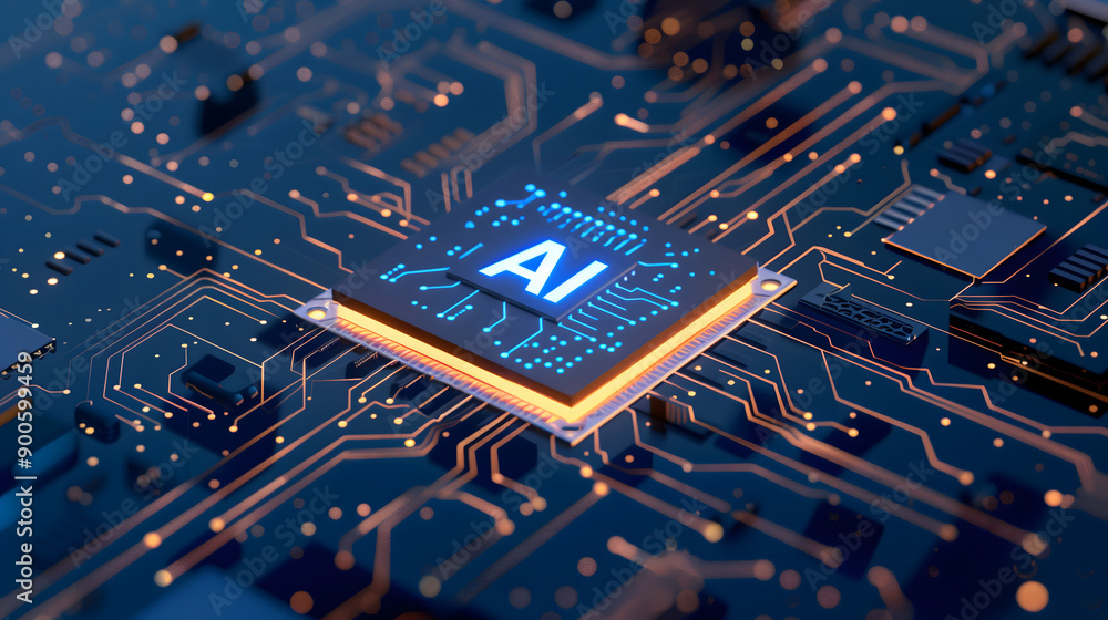 Poster ai chip: the glowing heart of technology - a close-up render of an ai chip pulsating with energy, sy