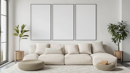 Mockup frame in farmhouse living room interior, 3d render