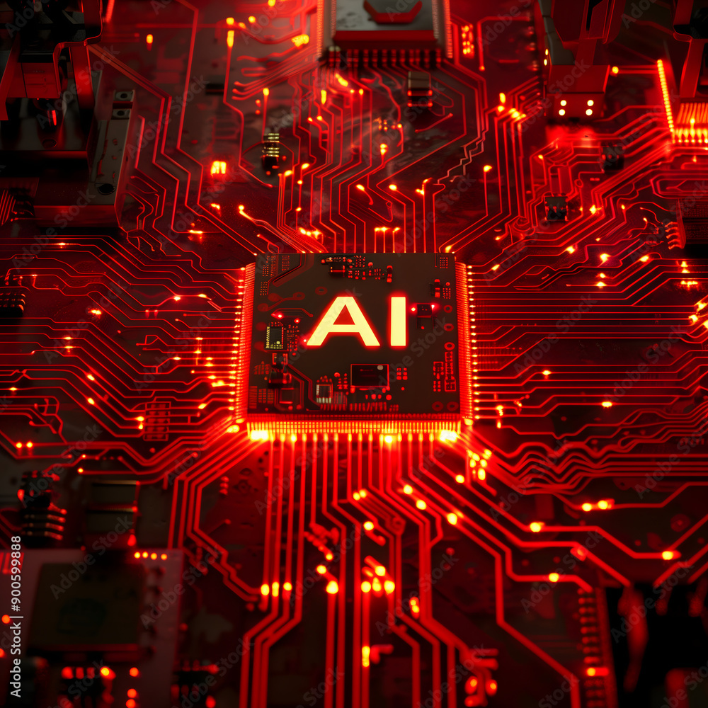 Poster ai ignition: a pulsating red circuit board with the letters ai illuminated at its core, symbolizing 