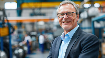 Executive Smiling in Modern Factory Environment