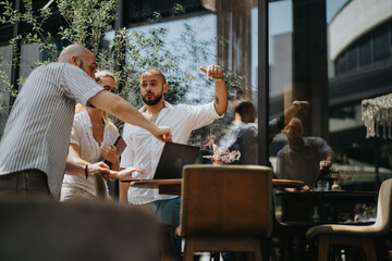 Group of business colleagues discussing and working together outdoors in an urban city environment. Collaborative team meeting at a stylish outdoor cafe.