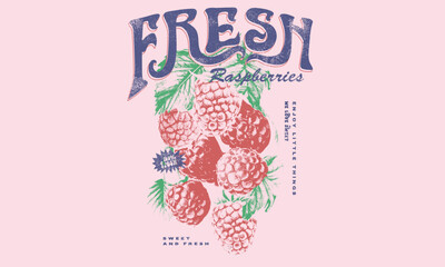 Nature fruit club print design. Organic berry food artwork for for t-shirt. Fruit vintage t-shirt design. Fresh raspberry artwork. Organic fruit market. raspberry fruit print.