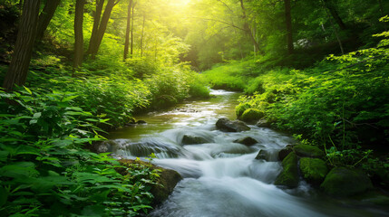 Obraz premium Serene Green Forest with Sunlit River: A Showcase of Natural Beauty and Sustainability