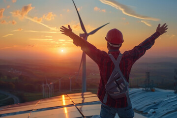 Worker Overseeing Wind Turbines at Sunset
