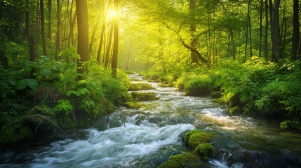 Fototapeta premium Serene Green Forest with Sunlit River: A Showcase of Natural Beauty and Sustainability