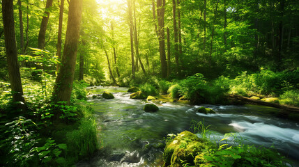 Fototapeta premium Serene Green Forest with Sunlit River: A Showcase of Natural Beauty and Sustainability
