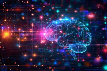 Obraz premium Glowing holographic brain with data streams on digital interface background