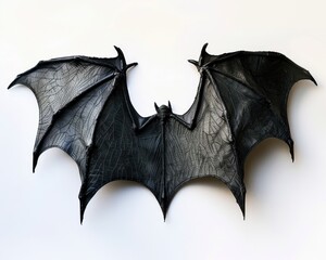Naklejka premium A striking black bat with outstretched wings, showcasing intricate details and a dramatic pose against a simple background.