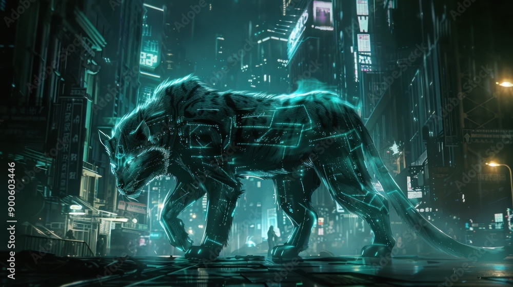 Wall mural Cybernetic Panther in Neon City