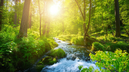 Obraz premium Serene Green Forest with Sunlit River: A Showcase of Natural Beauty and Sustainability