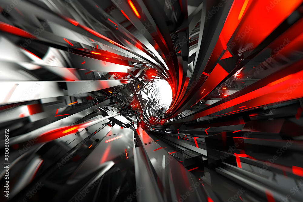 Poster Dynamic futuristic abstract image featuring a red and black tunnel with sharp lines and high-contrast elements, creating a sense of speed.
