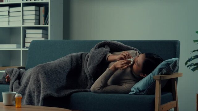 Woman feeling sick rests on a sofa under a blanket, taking medicine and using tissues in a cozy home setting
