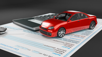 purchase of new car, sale of vehicle, payment of new vehicle, vehicle tax, sale of car, purchase of car, purchase of car, financing, signing of document, 3d illustration
