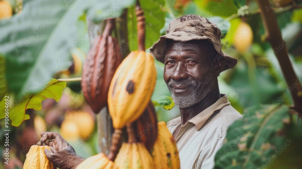 Poster a man is smiling while holding a bunch of cocoa beans