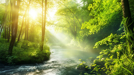 Obraz premium Serene Green Forest with Sunlit River: A Showcase of Natural Beauty and Sustainability