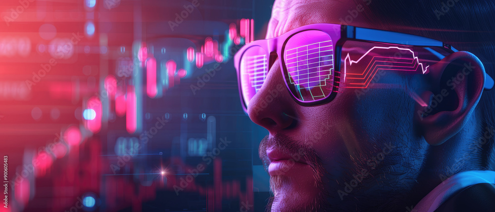 Poster explore a vibrant pop art depiction of a trader analyzing 3d holographic stock charts, showcasing mo