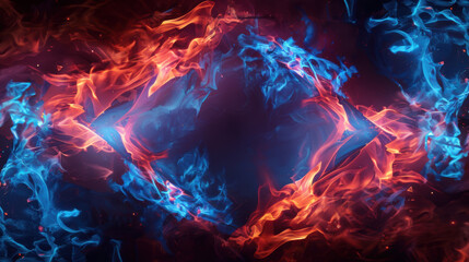 A diamond-shaped frame made of swirling blue and red flames, with the fire creating a glowing and intense border