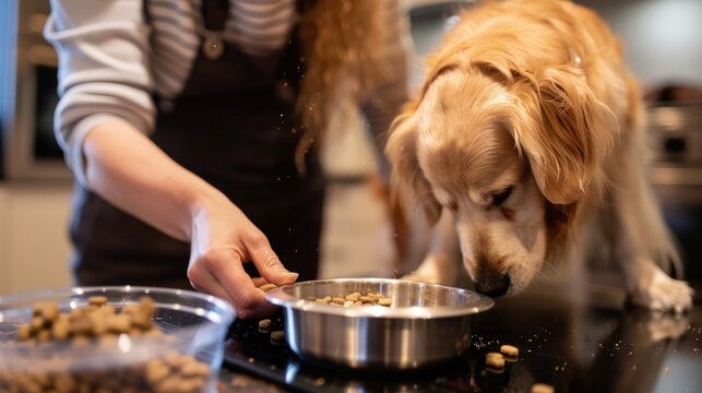 A pet owner carefully measures dog food while their eager golden retriever watches closely in the kitchen