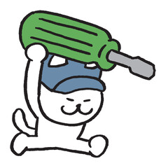 作業をする目が細いかわいい白猫のキャラ素材