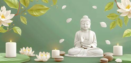 "Buddha Statue in Lotus Position, Green Background with Bokeh Lights"