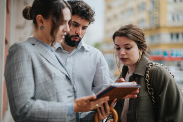 Team of businesspeople engage in an outdoor meeting, collaborating and reviewing documents together.