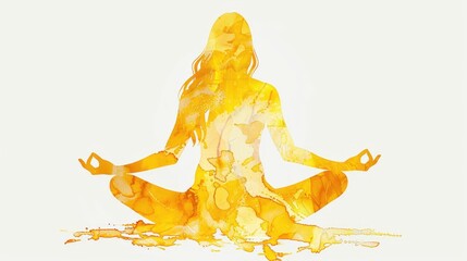 Fototapeta premium A watercolor illustration of a person meditating in a serene yoga pose, surrounded by calming yellow tones promoting peace and mindfulness.