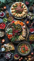 A vibrant spread of gourmet foods including olives, meats, pastries, and fresh vegetables arranged on wooden platters.